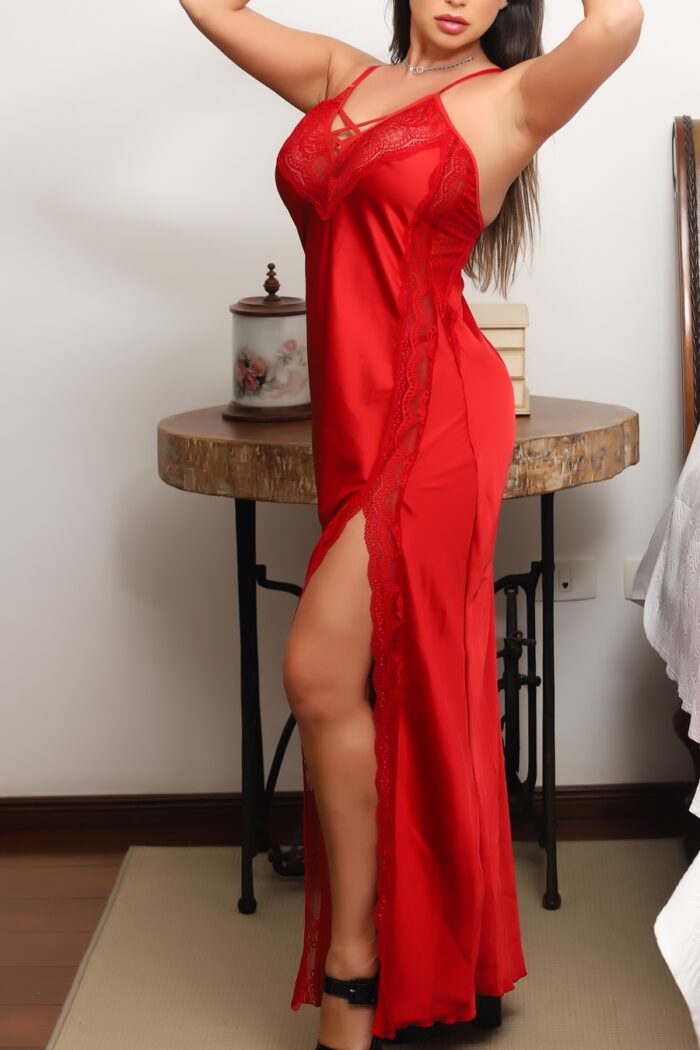 Camisola sensual longa vermelha com fenda lateral - Imagem 2