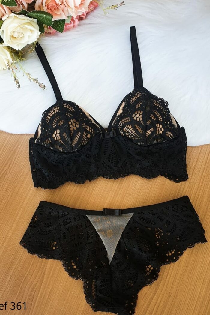 Conjunto preto sem bojo lingerie com recortes em tule ilusion 2 peças - Imagem 3