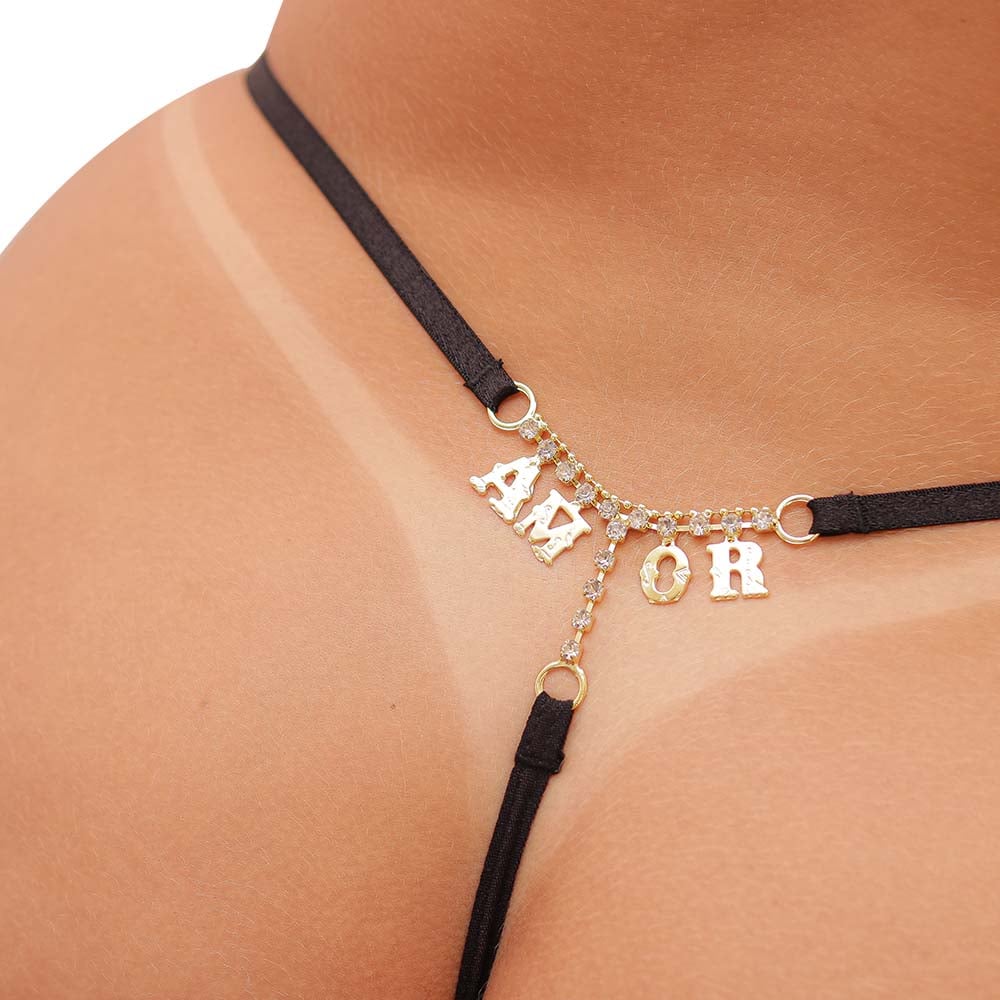 Calcinha Fio dental plus size preta com palavras provocantes em strass - Imagem 5