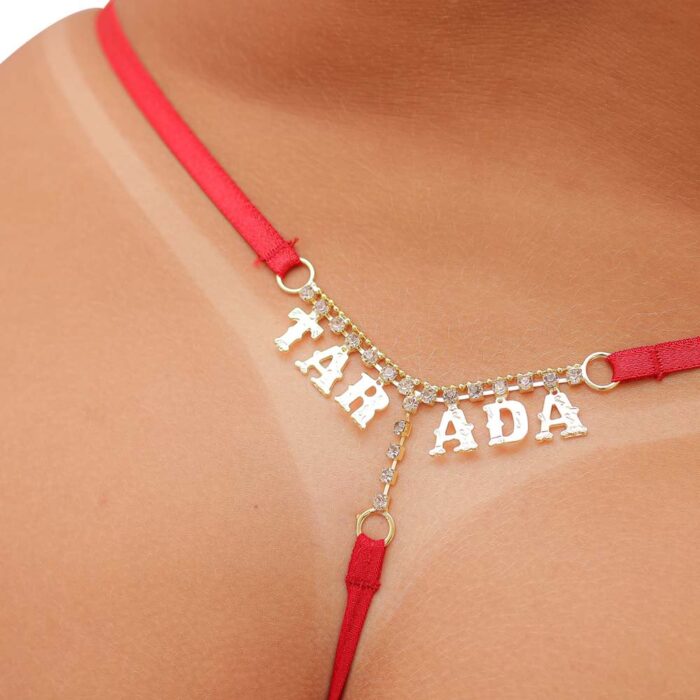 Calcinha fio dental vermelha com palavras provocantes em  strass - Tallyta - Imagem 9