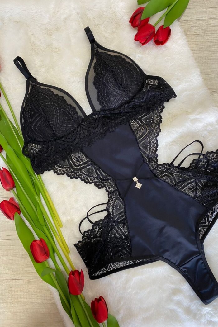 Lingerie Feminina - Body preto com tecido de renda e tule - Imagem 3