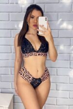 Conjunto lingerie onça com elástico duas tiras sexy luxo