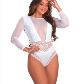 Body feminino branco em renda e tule com manga longa - Vivi