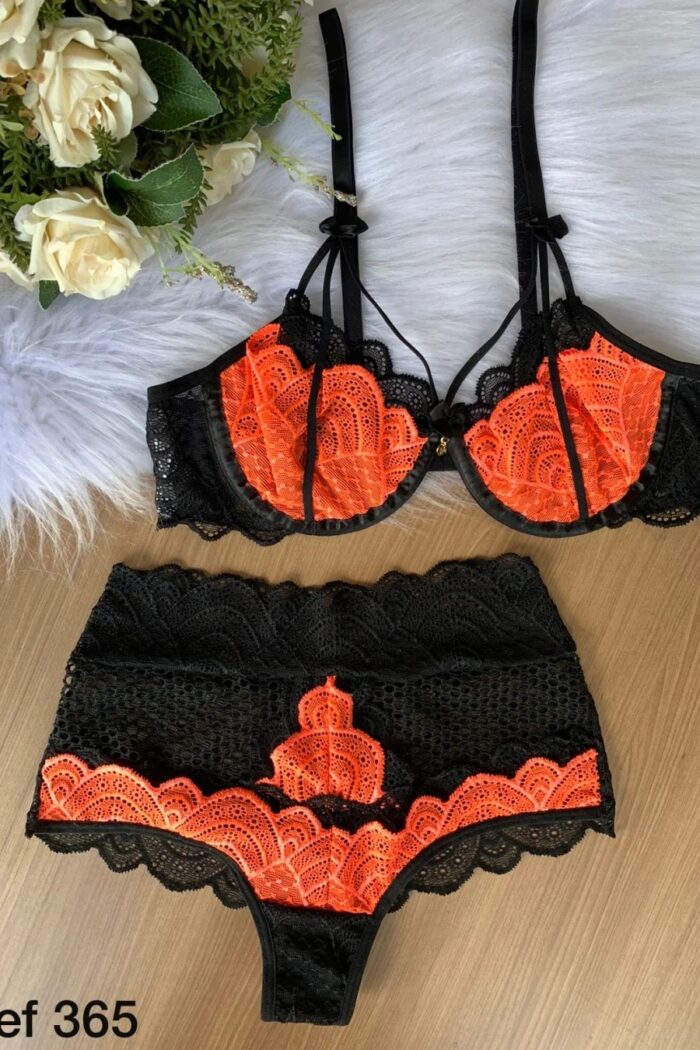 Conjunto lingerie Sem Bojo em Aro Inteiro Preto com laranja Neon - Universo Feminino - Imagem 5