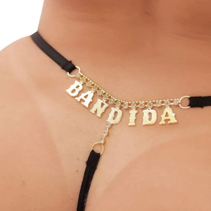 Calcinha Fio Dental Renda Preta Palavras Strass Tallyta - Imagem 5