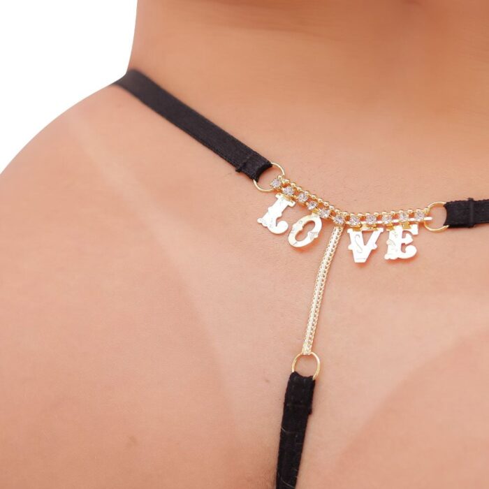 Calcinha Fio Dental Renda Preta Palavras Strass Tallyta - Imagem 13