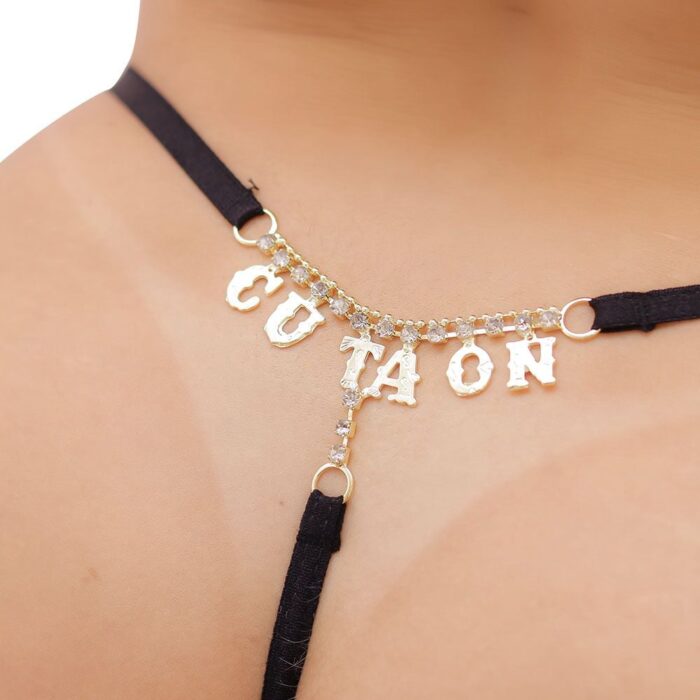 Calcinha Fio Dental Renda Preta Palavras Strass Tallyta - Imagem 15