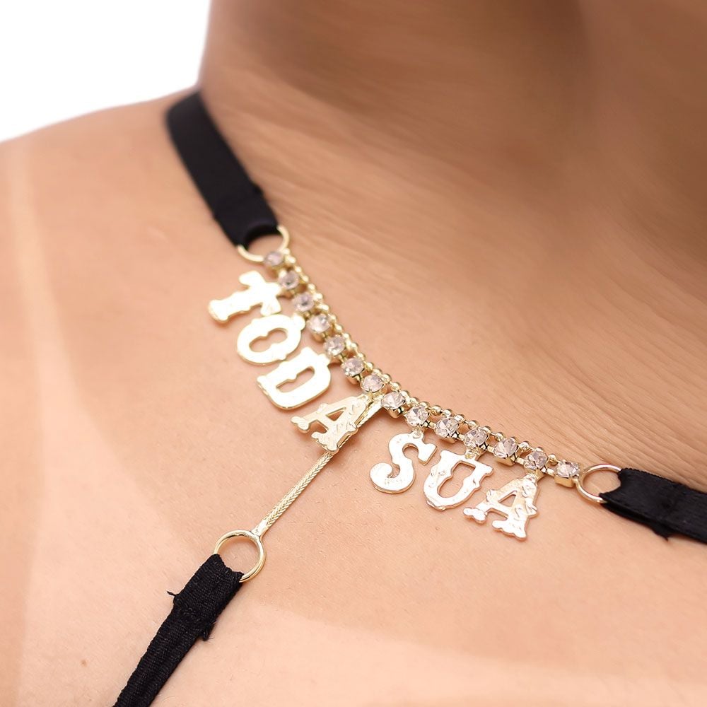 Calcinha Fio Dental Renda Preta Palavras Strass Tallyta - Imagem 24