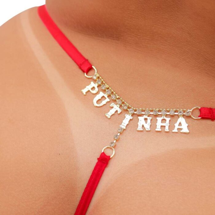 Calinha Fio Dental Plus Size Vermelha com escritas Strass - Imagem 14