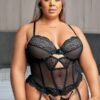 Body feminino preto plus size sensual de bojo com ligas e detalhe de elástico nas costas