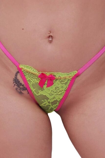 Calcinha Fio Dental Amarelo com rosa Malvada Rendado