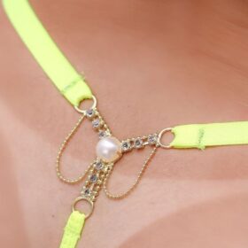 Calcinha Fio Dental Strass Com Pérola amarelo neon