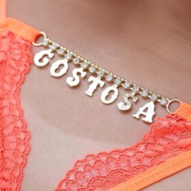 Calcinha Fio Dental Gis Laranja Neon com Palavras Strass