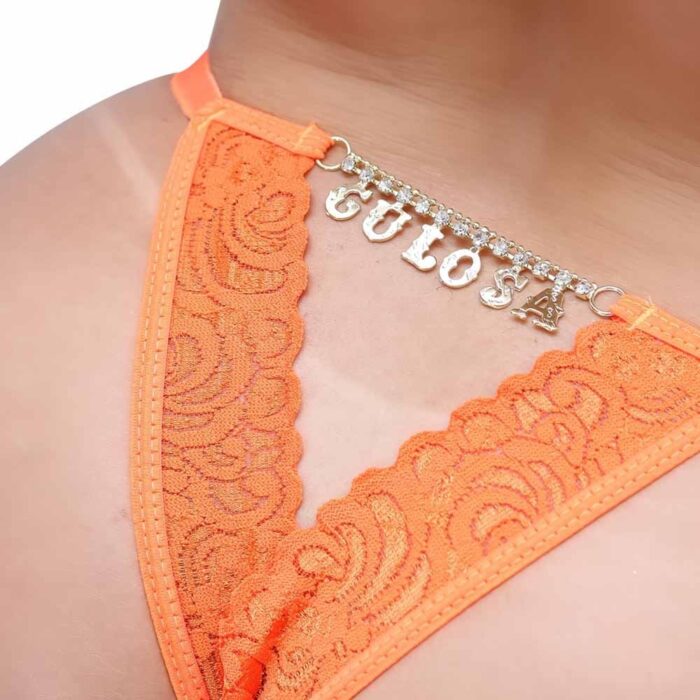 Calcinha Fio Dental Gis Laranja Neon com Palavras Strass - Imagem 8