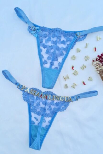 Calcinha Azul místico fio personalizável borboleta tule coração