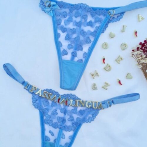 Calcinha Azul místico fio personalizável borboleta tule coração