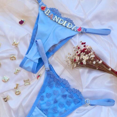 Calcinha personalizável fio Azul mistico em tule bordado coração duplo