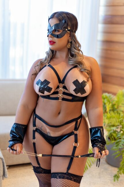 Fantasia erótica stripper sedutora plus size em vinil acompanha luvas