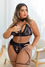 Fantasia erótica menina veneno plus size top e calcinha sensual com cinta liga