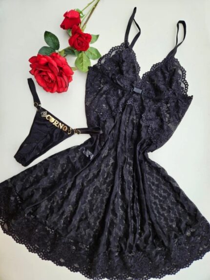 Camisola preta em tule deisy com fio personalizável