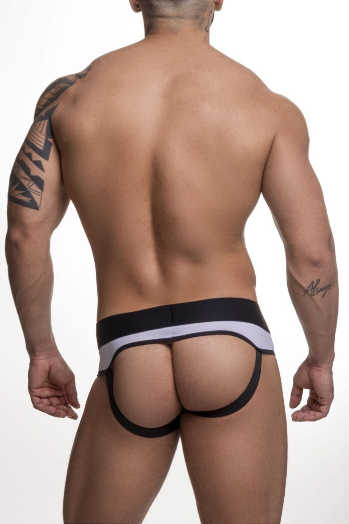 Cueca em suplex slip frente e atras Jockstrap preto e branco - Imagem 3