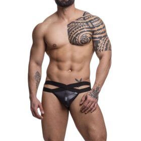 Cueca Jock em suplex preto com elástico duplo frontal aberto