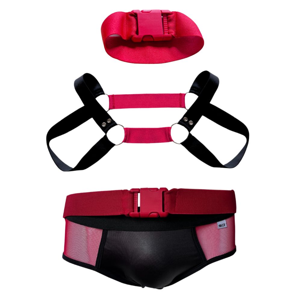 Conjunto cueca em couro sintético e tule com harness detalhe metal + par de braceletes