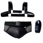 Conjunto cueca preto em couro sintético e tule com harness detalhe em metal