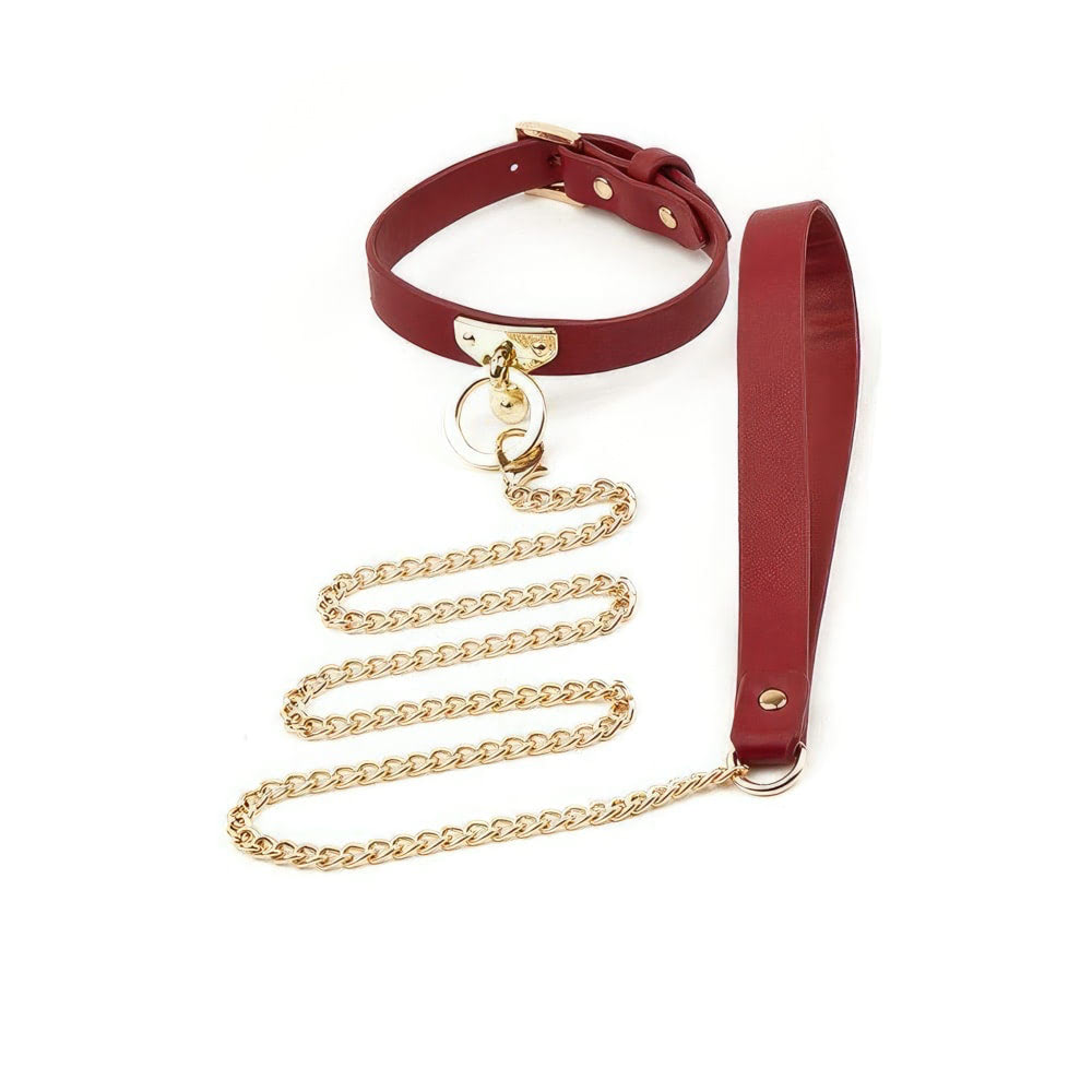 Coleira Bondage em Couro com Fecho em Metal e Corrente de Tração