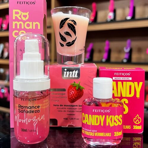 kit com Momozin estimulante com aquecimento Vela para massagem beijável Candy kiss Calda beijável para sexo oral