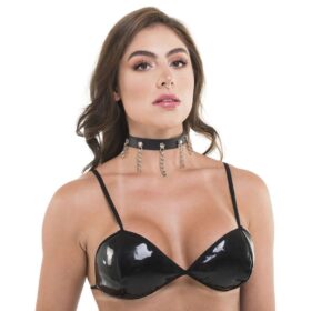 Coleira com correntes em couro sintético linha sado sexy fantasy