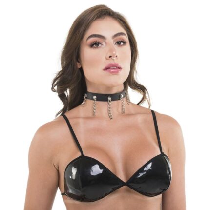 Coleira com correntes em couro sintético linha sado sexy fantasy