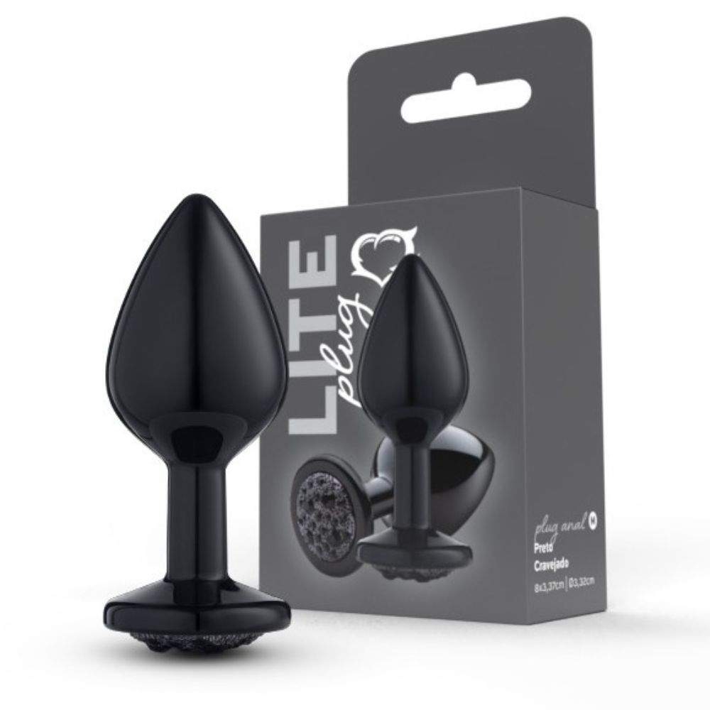 Lite Plug anal Preto Médio Cravejado Pedra Preta